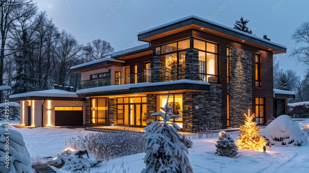 Poster A contemporary luxury home warmly lit in a snowy setting, highlighting modern architectural design and comfort.