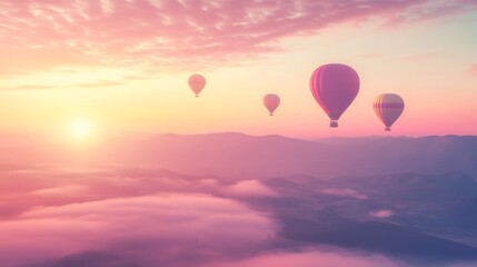 Obraz premium Scenic Landscape at Sunrise with Colorful Hot Air Balloons Flying
