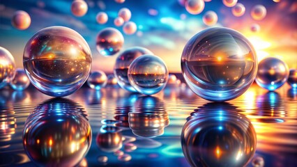 Floating glass spheres in sunset reflection, surreal abstract landscape, luminous bubbles