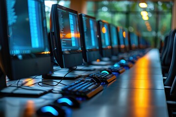 Row of Computers with Blue Screens and Keyboards