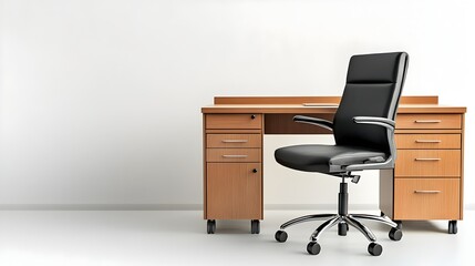 Minimalist and modern office chair and desk setup isolated on a clean white background with space for text or graphics about workspace productivity or business concepts