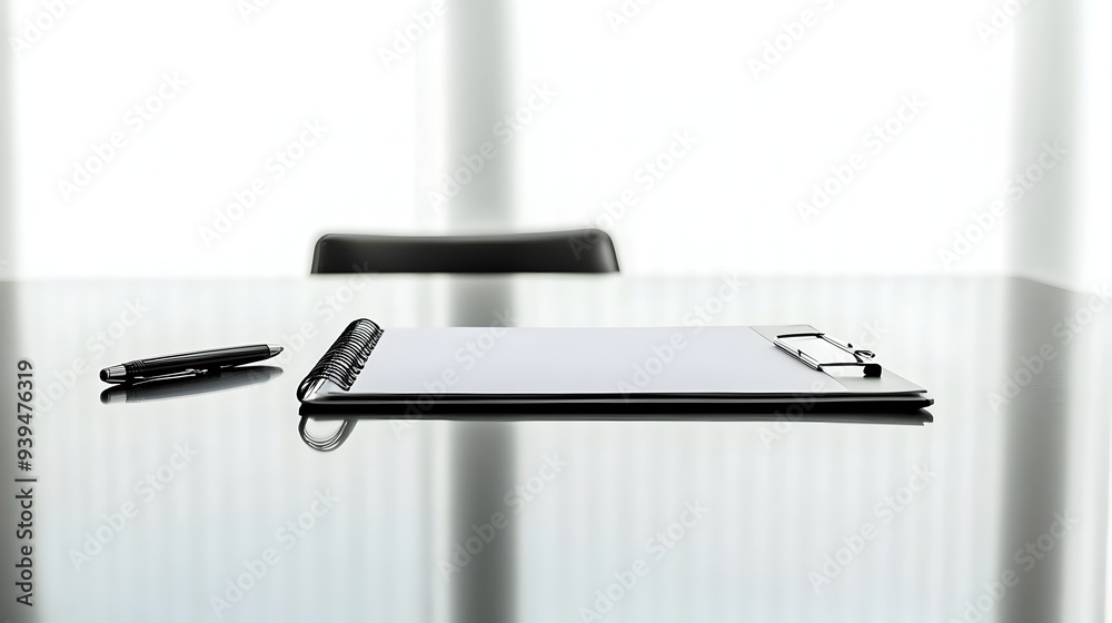 Poster minimalist and clean conference table setup with a notepad and pen isolated on a white background pe