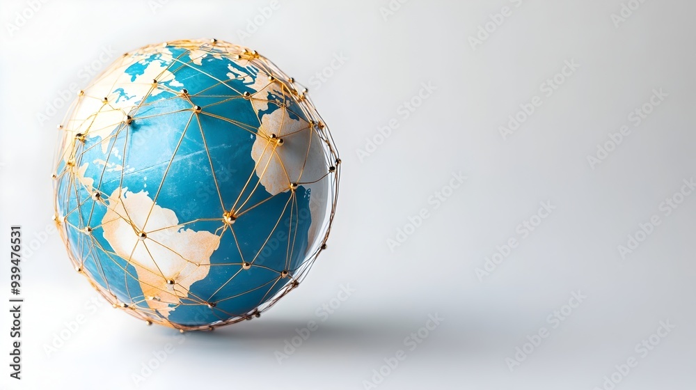 Poster interconnected globe symbolizing global business network and digital connectivity on white backgroun