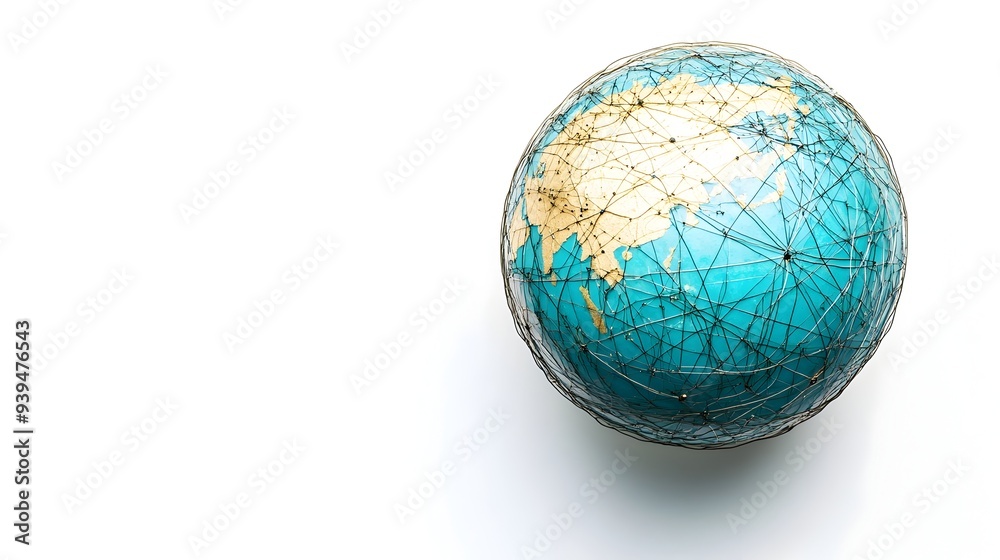 Poster minimalist 3d rendering of a globe with interconnected network lines symbolizing global business dig