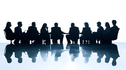 A group of business professionals in a collaborative meeting isolated on a white background with room for a leadership or teamwork message