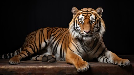 Obraz premium A tiger is laying on a wooden surface