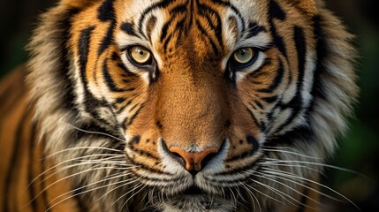 Fototapeta premium A tiger with a green eye stares at the camera