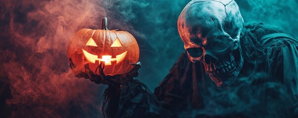 Grim Reaper skeleton in tattered robes, gripping a glowing pumpkin lantern amidst swirling mist, spooky and atmospheric Halloween concept