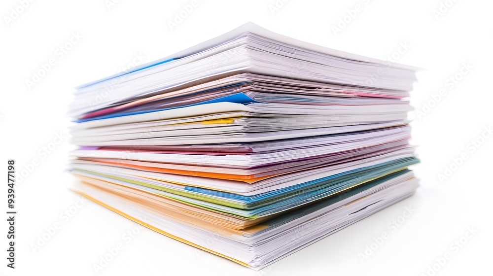 Poster a stack of detailed business reports with various charts graphs and data visualizations isolated on 