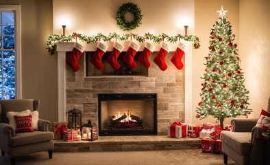 Cozy Christmas Living Room with Stockings Hung by the Fireplace and Decorated Tree