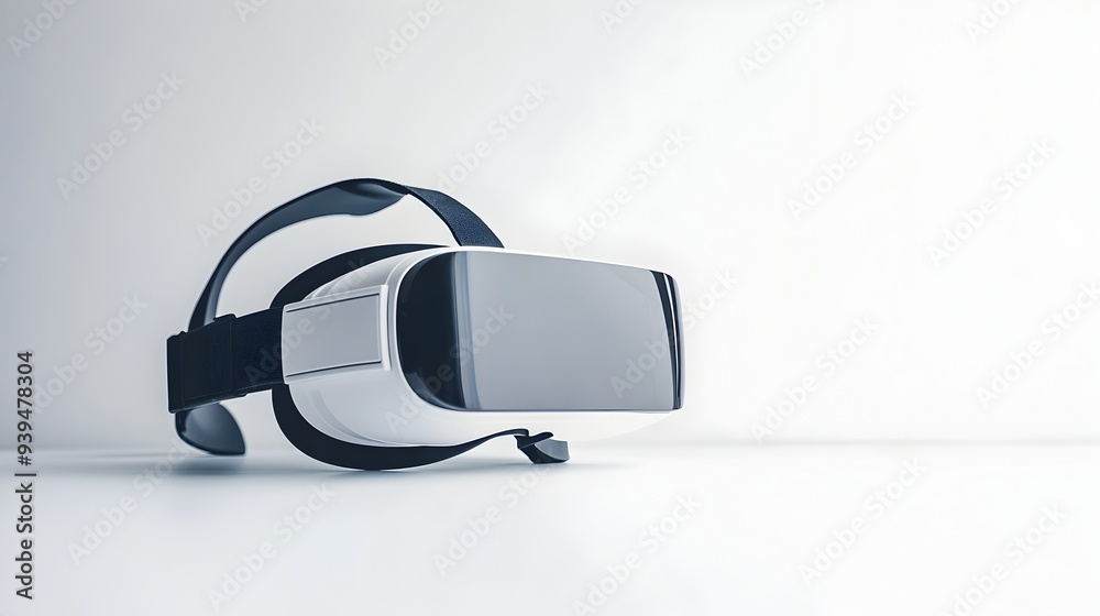 Poster a photograph of a virtual reality headset placed on a table isolated on a white background with ampl
