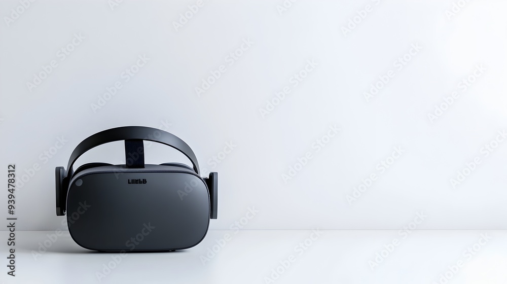 Poster a photograph showcasing a virtual reality headset placed on a table isolated against a clean white b