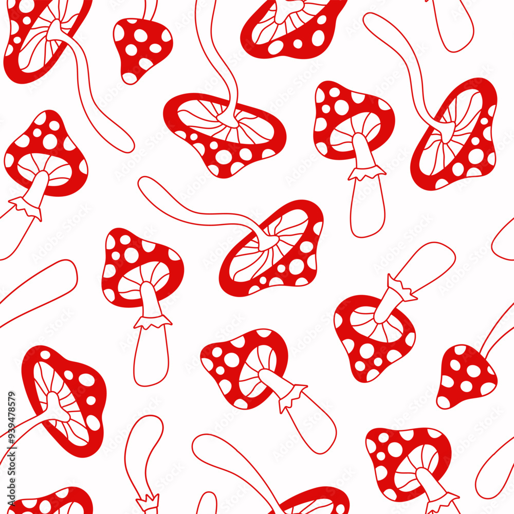 Poster floral linear seamless pattern with cute red mushrooms on a white background. groovy retro vintage m