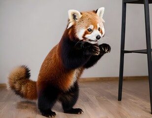 Fototapeta premium A red panda sits playfully on a wooden floor, surrounded by indoor plants in a cozy, sunlit room