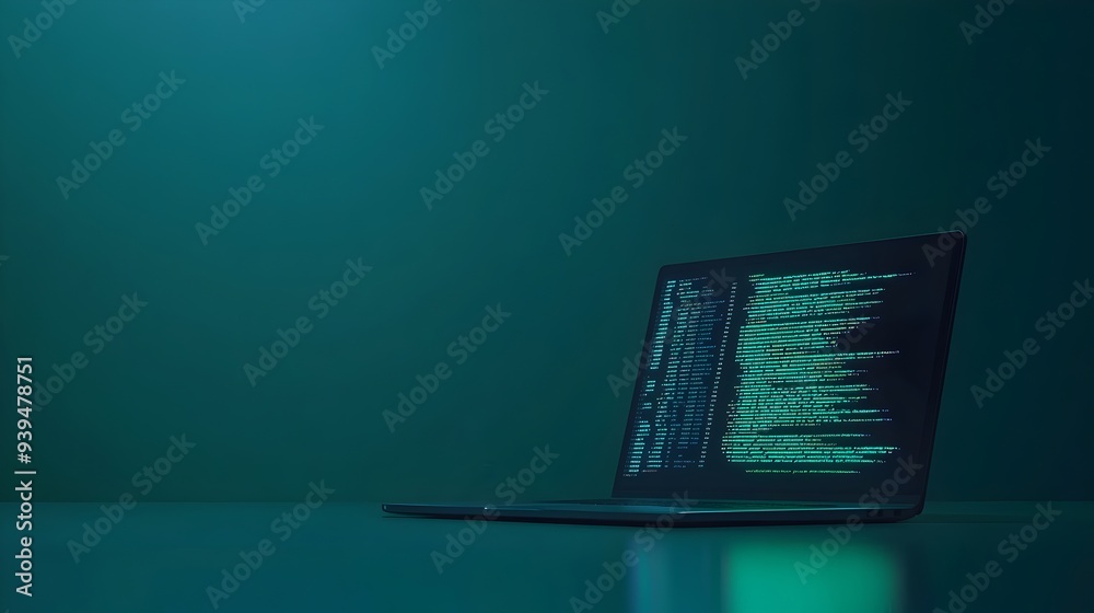 Poster Laptop with Coding Screen Displayed on a Plain Isolated Surface Providing Ample Space for Additional Text or Elements