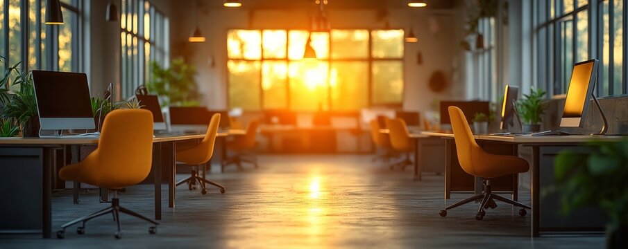 Modern open-plan office interior with orange chairs, computer desks, and large windows, illuminated by the warm glow of the sunset, creating a productive and inviting workspace