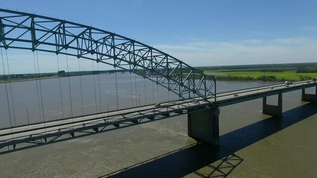 Hernando de Soto Bridge in Memphis Mississippi River, Trafic in Background. Arkansas and Tennessee Line. Drone
