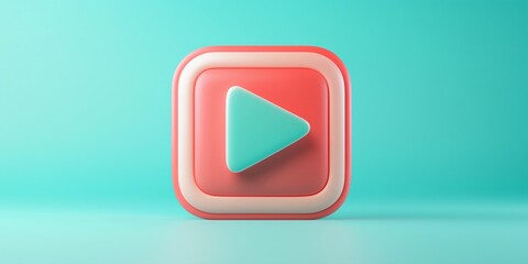 A colorful play button icon is centered on a soft turquoise background, illuminated lightly