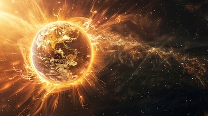 Visual representation of solar rays and radiation hitting earth, reflecting off its magnetic field