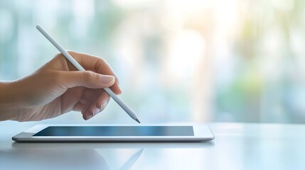Closeup of a human hand holding a stylus hovering over a digital tablet device isolated against a light and minimalist background with ample blank copy space on the left side