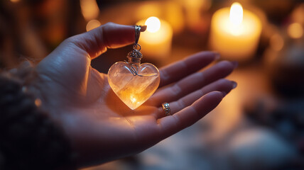 A close-up of a hand holding a crystal pendant over a love potion bottle, with soft candlelight in the background. Ai generated