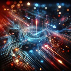 futuristic technology data visualization, glowing neon arrows and grids, abstract cyber circuit board, big data analytics concept, digital energy impulses, fiery red and blue tones, particle flow moti