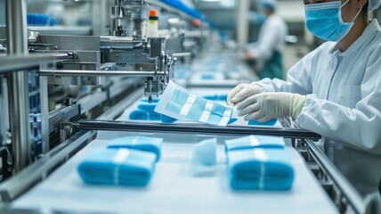 Fototapeta premium A factory worker conducting a quality check on a high-speed automatic machine producing sterile medical masks and bandages made from non-woven material. Ai generated