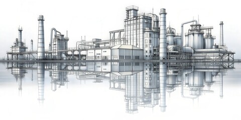 Industrial factory sketch with reflection on water surface, industrial, factory, sketch, reflection, water