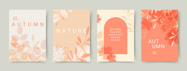 Set of abstract autumn Backgrounds in pastel colors. Poster or cover on the Fall season. Editable vector templates with leaves pattern for banner, advertising, web, social media, card, Sale 