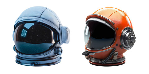Two astronaut helmets isolated on transparent background. Cosmonaut space universe exploration spacesuit costume uniform, galaxy travel adventure, astronomy, discovery, protection