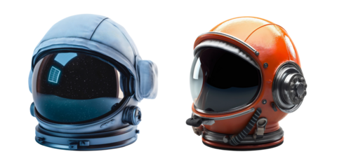 Two astronaut helmets isolated on transparent background. Cosmonaut space universe exploration spacesuit costume uniform, galaxy travel adventure, astronomy, discovery, protection