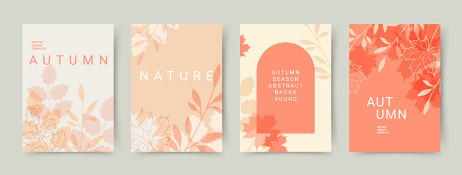 Set of abstract autumn Backgrounds in pastel colors. Poster or cover on the Fall season. Editable vector templates with leaves pattern for banner, advertising, web, social media, card, Sale 