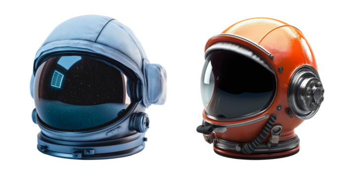 Two astronaut helmets isolated on transparent background. Cosmonaut space universe exploration spacesuit costume uniform, galaxy travel adventure, astronomy, discovery, protection