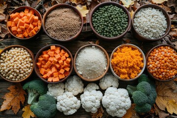 Various Grains, Vegetables, and Seeds in Wooden Bowls