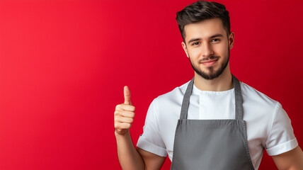 A man in a chef's uniform with a grey apron, pointing his thumb towards an empty area on a red background, ideal for a mockup. Ai generated
