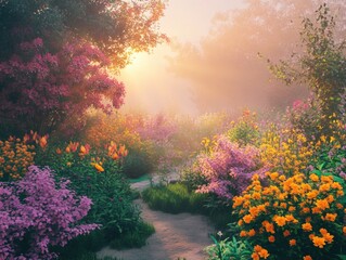 Fototapeta premium Enchanting Sunrise in a Lush Flower Garden with Colorful Blooms and Misty Atmosphere