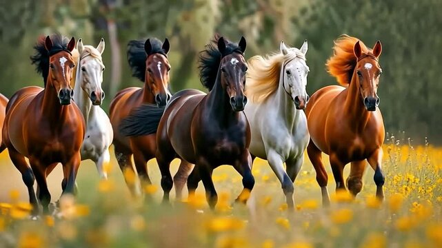 horses galloping in a herd on a field together,
