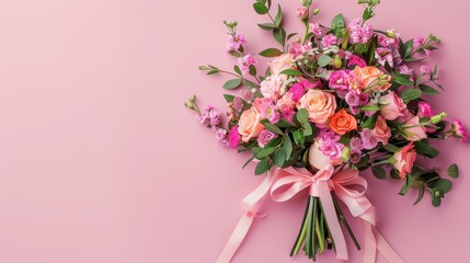 Naklejka premium Delicate Floral Bouquet on Pastel Pink Background with Copy Space