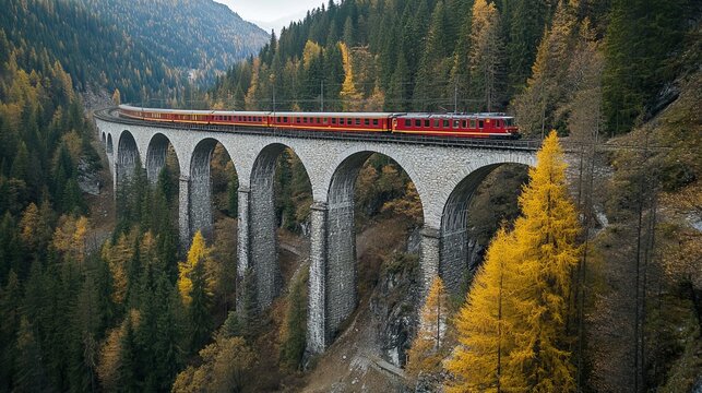 Train crossing Landwasser Viaduct on raethian railway in Filisur &acirc;&euro;&ldquo; Albula, Graubunden, Switzerland The Landwasser Viaduct is a single track limestone railway 