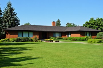Obraz premium Brick Ranch House. Classic 1980's Home with Green Garden in Suburban Neighborhood