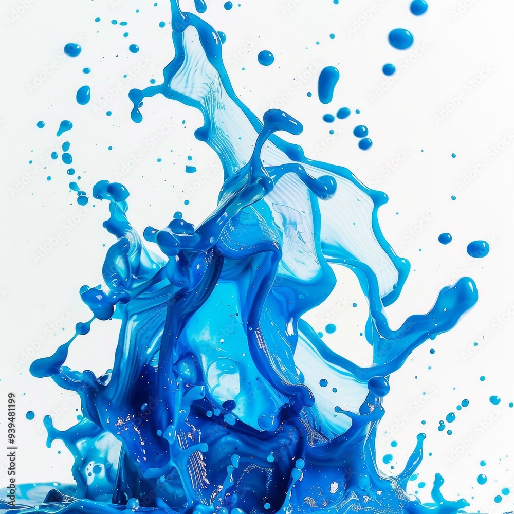 Poster A dynamic capture of blue paint splashing against a white background, showcasing the fluidity and movement in liquid artistry.