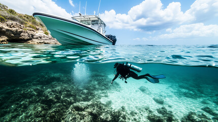 Scuba diver explores the vibrant turquoise waters above a stunning coral reef, with an escorting boat gliding on the surface