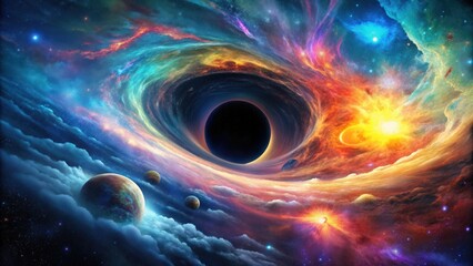 Abstract black hole in deep space with colorful waves, clouds, night sky, universe, galaxy, and planets, black hole