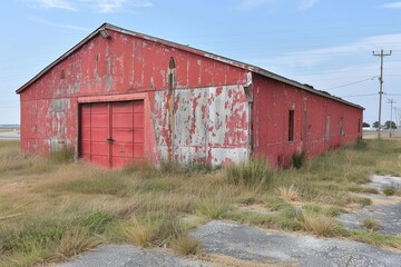 Abandoned Red Metal Building with Peeling Paint
