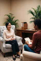Diverse Professional Counseling Session: Empathetic Therapist Listens Attentively