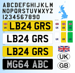 British car license plate pattern, United Kingdom, letters, numbers and symbols, vector illustration, european country