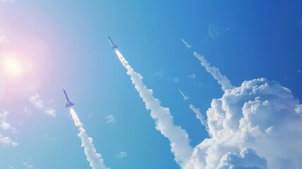 Dramatic image of ballistic missiles launching with smoke trails against a clear blue sky