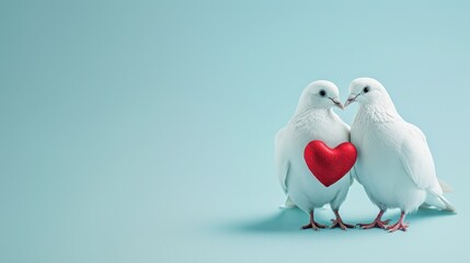 Tender Love: Two doves and heart on pastel pink background. Copy space included.