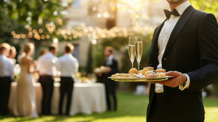 Sophisticated garden event featuring a waiter holding a tray of champagne glasses and gourmet appetizers, the scene bathed in the golden glow of late afternoon sunlight. Ai generated
