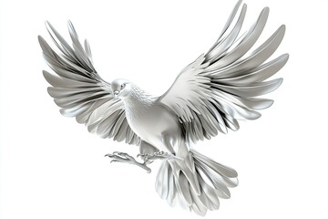 Obraz premium 3D illustration elegant metallic dove flying spread the wings and opening the claws isolated on white background 